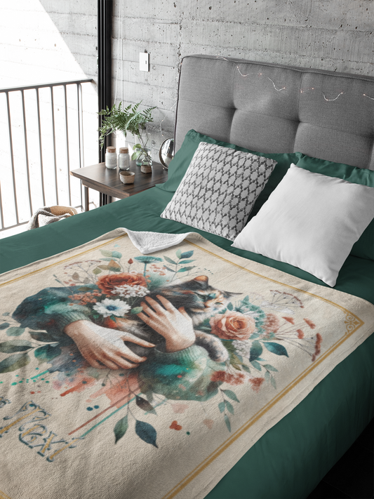 Personalized Calico Cat Held in Loving Hands with Roses Throw Blanket — Custom Name Gift