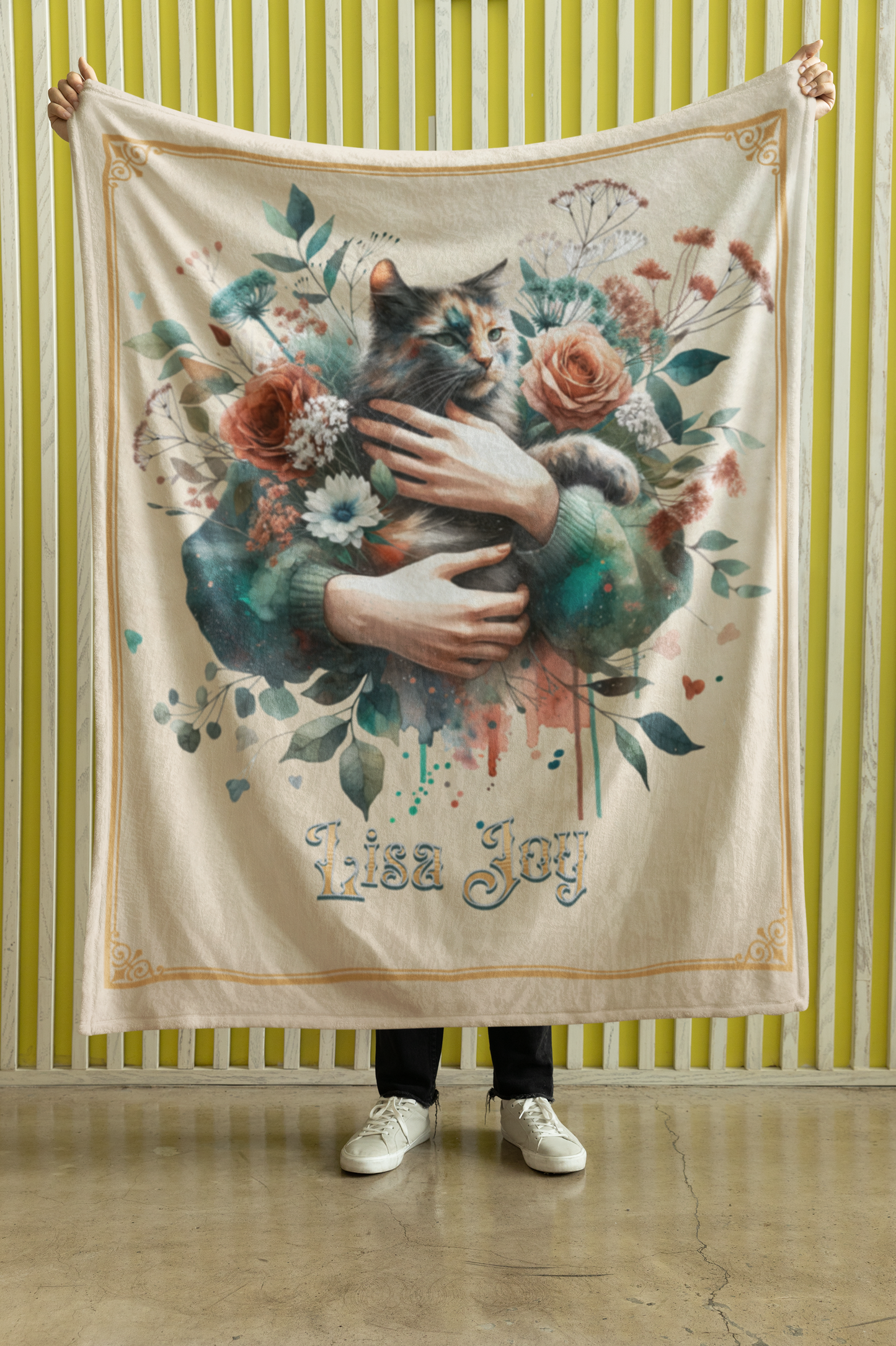 Personalized Calico Cat Held in Loving Hands with Roses Throw Blanket — Custom Name Gift