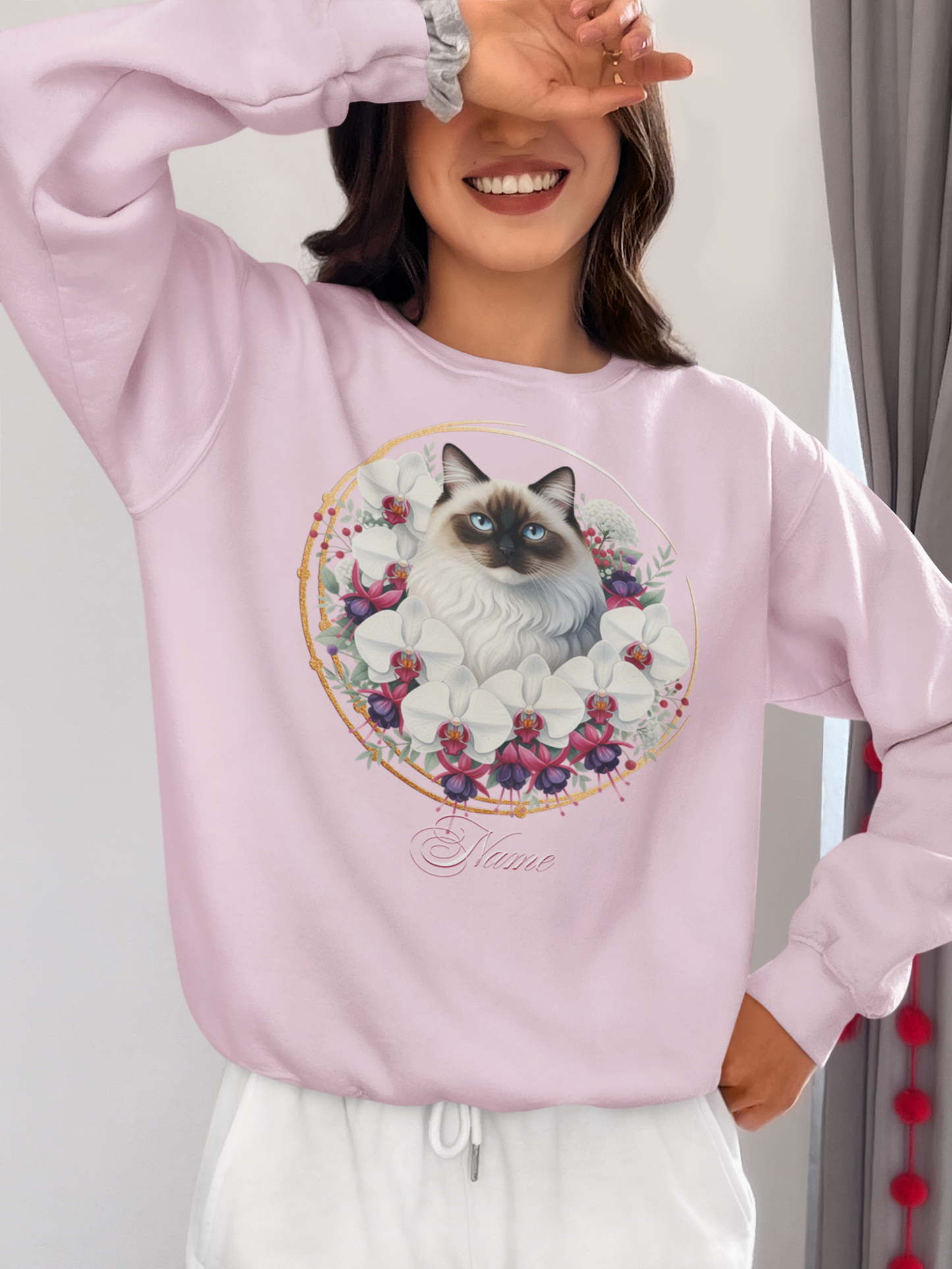 Personalized Blue-Eyed Ragdoll Cat with White Orchids and Fuchsia Sweatshirt — Custom Name Gift