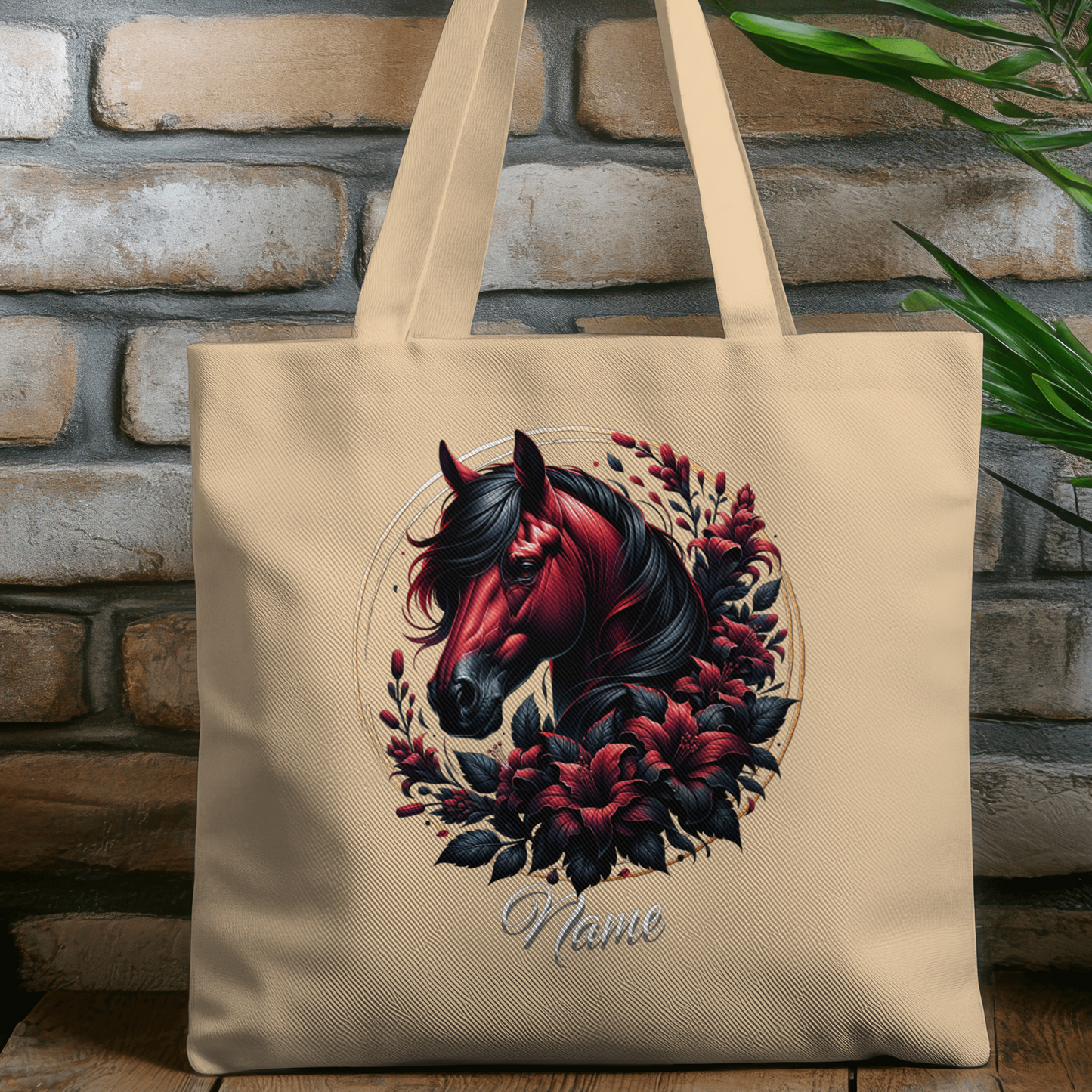Personalized Dark Red Bay Horse with Dark Lilies Eco Tote Bag