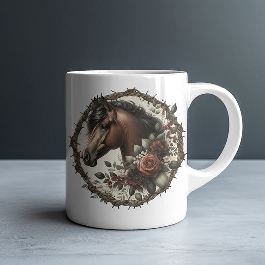 Red Bay Horse in Rope & Barbed Wire Wreath Personalized White Glossy Mug