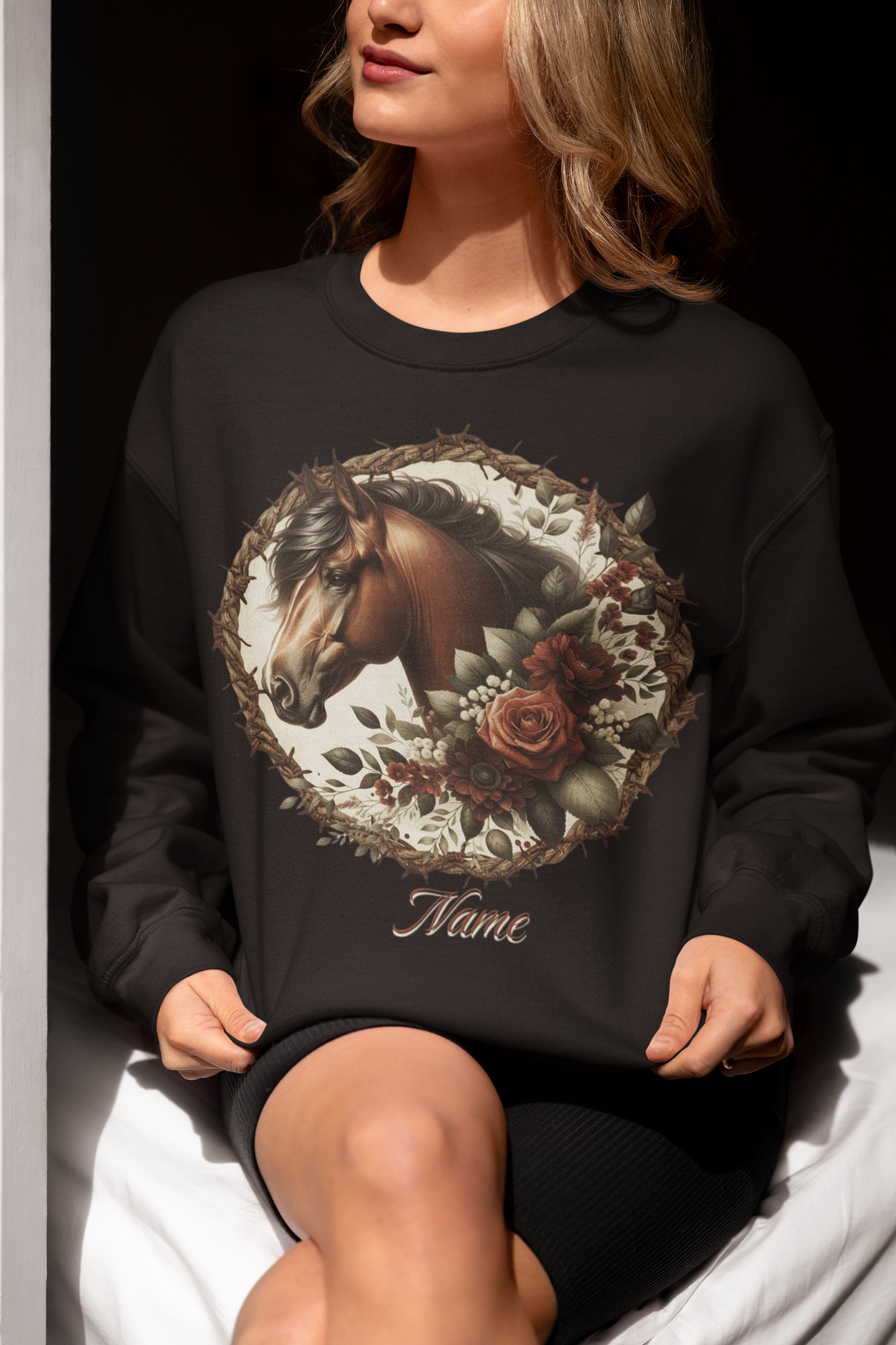 Red Bay Horse in Rope & Barbwire Wreath Personalized Sweatshirt