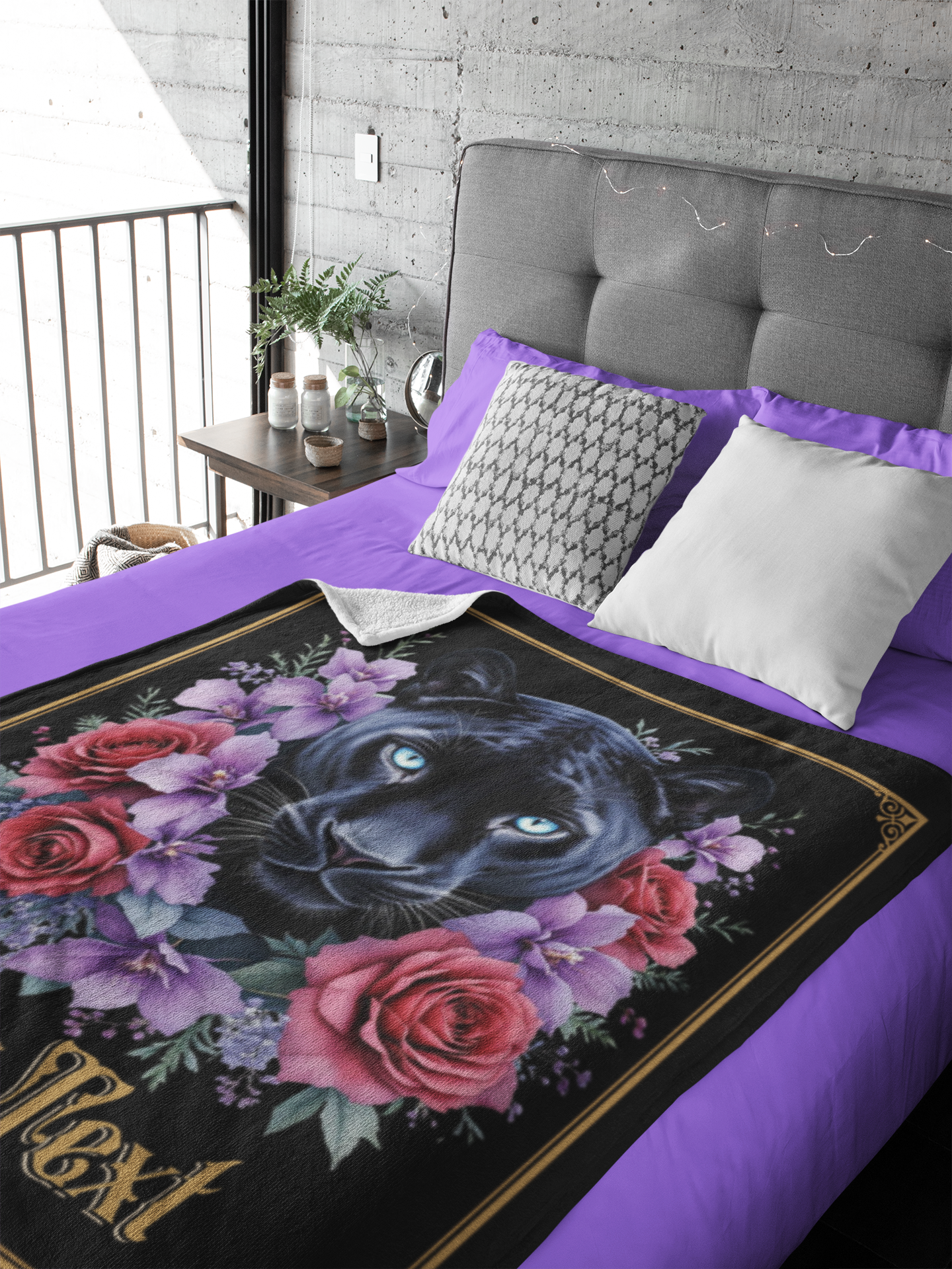 Personalized Blue-Eyed Black Panther with Roses and Clematis Throw Blanket — Custom Name Gift