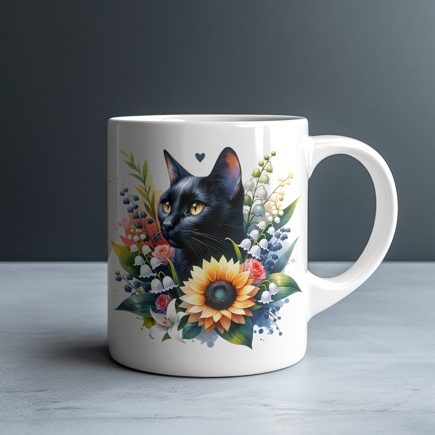 Personalized Black Cat with Sunflower and Lily of the Valley Mug — Custom Name Gift