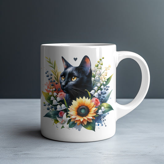 Personalized Black Cat with Sunflower and Lily of the Valley Mug — Custom Name Gift