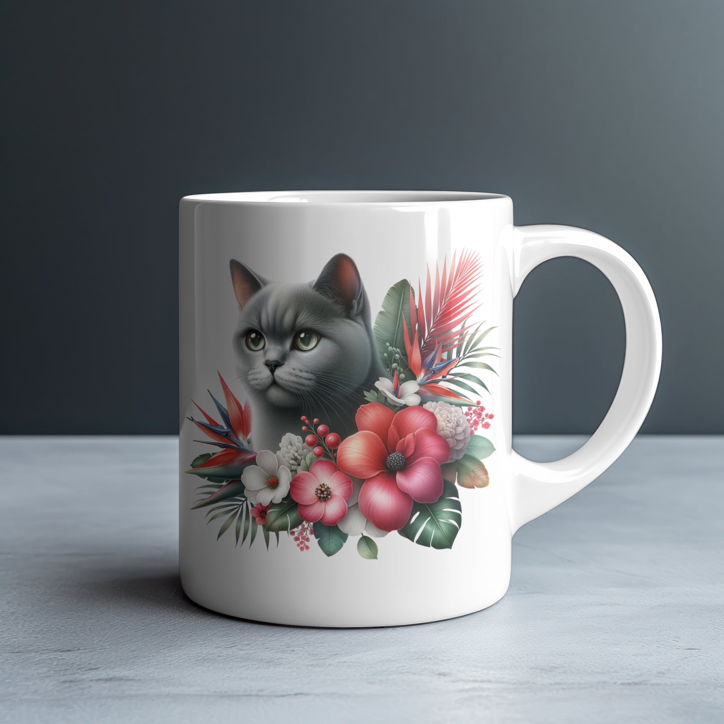 Personalized Grey Shorthaired Cat with Bird of Paradise and Tropical Flowers Mug — Custom Name Gift