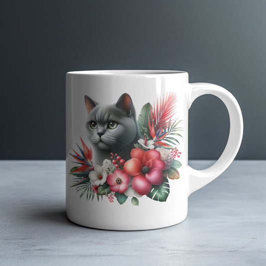 Personalized Grey Shorthaired Cat with Bird of Paradise and Tropical Flowers Mug — Custom Name Gift