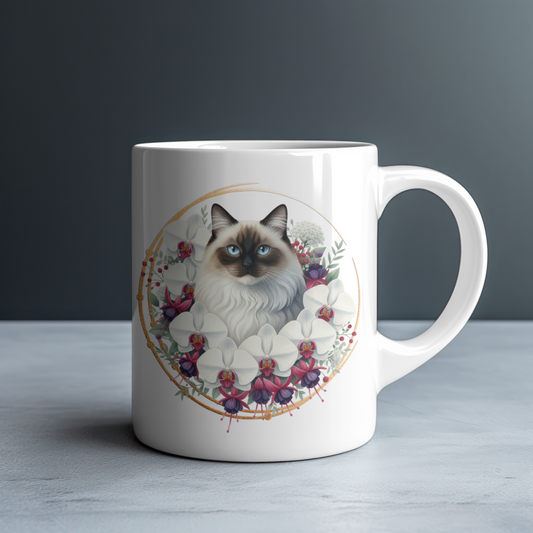 Personalized Blue-Eyed Siamese Cat with White Orchids and Fuchsia Mug — Custom Name Gift