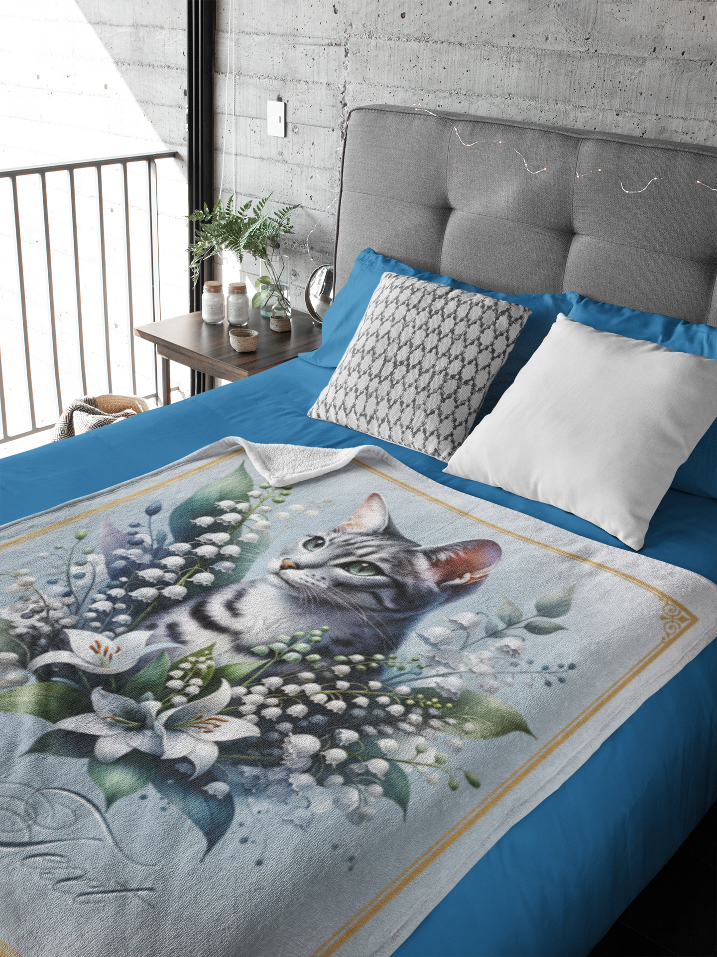 Personalized Grey Striped Tabby Cat with White Lilies Throw Blanket — Custom Name Gift
