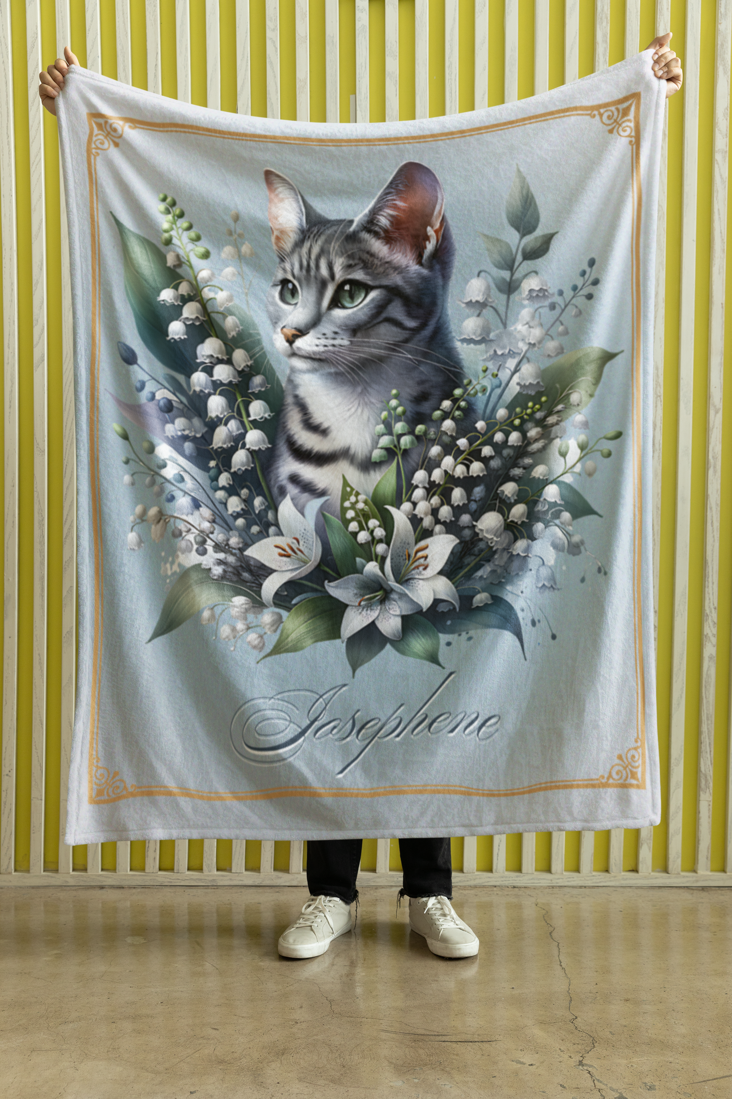 Personalized Grey Striped Tabby Cat with White Lilies Throw Blanket — Custom Name Gift