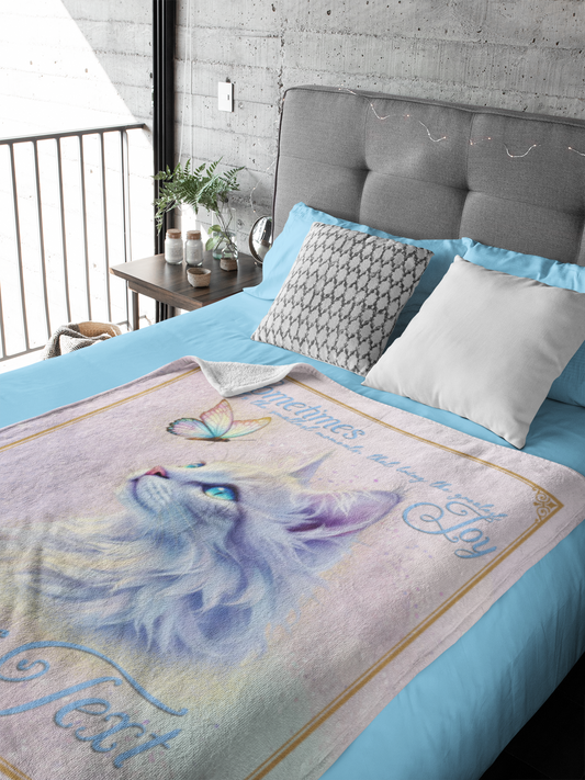 Personalized Fluffy Blue-Eyed Cat with Butterfly and Inspirational Quote Throw Blanket — Custom Name Gift