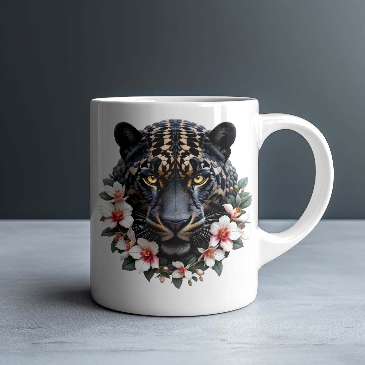 Personalized Dark Fantasy Jaguar with Pink Hibiscus Mug — Custom Name Gift
