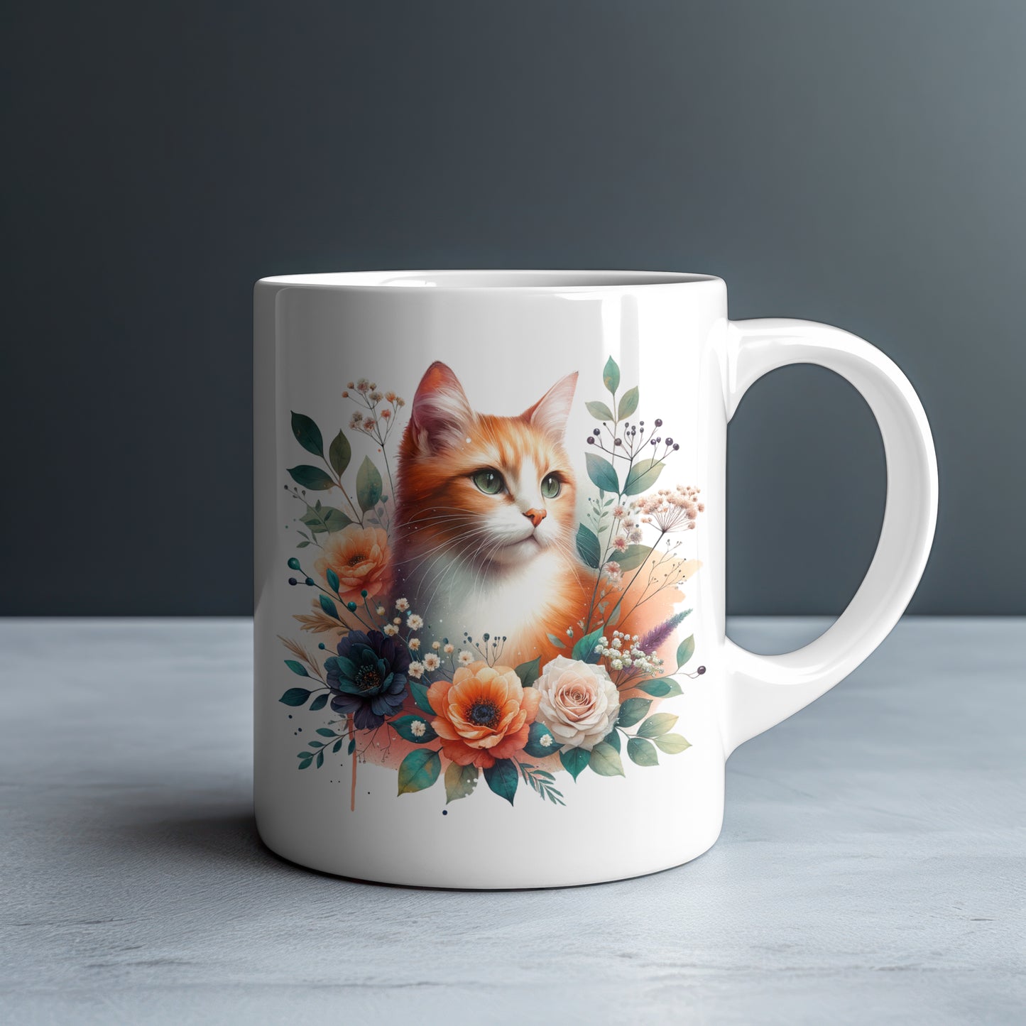 Personalized Ginger & White Cat with Poppies and Roses Mug — Custom Name Gift