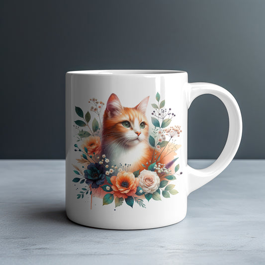 Personalized Ginger & White Cat with Poppies and Roses Mug — Custom Name Gift