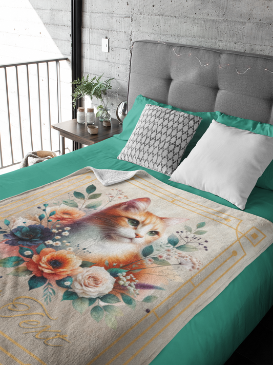 Personalized Ginger & White Cat with Poppies and Roses Throw Blanket — Custom Name Gift