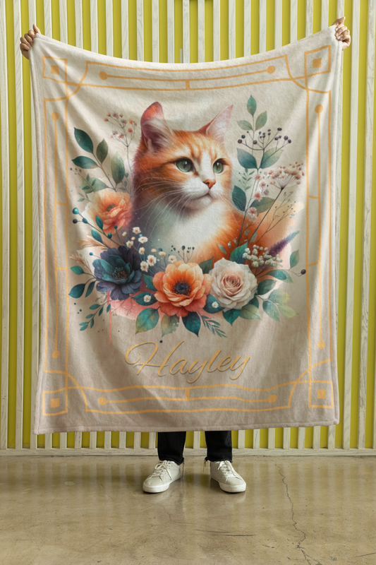 Personalized Ginger & White Cat with Poppies and Roses Throw Blanket — Custom Name Gift