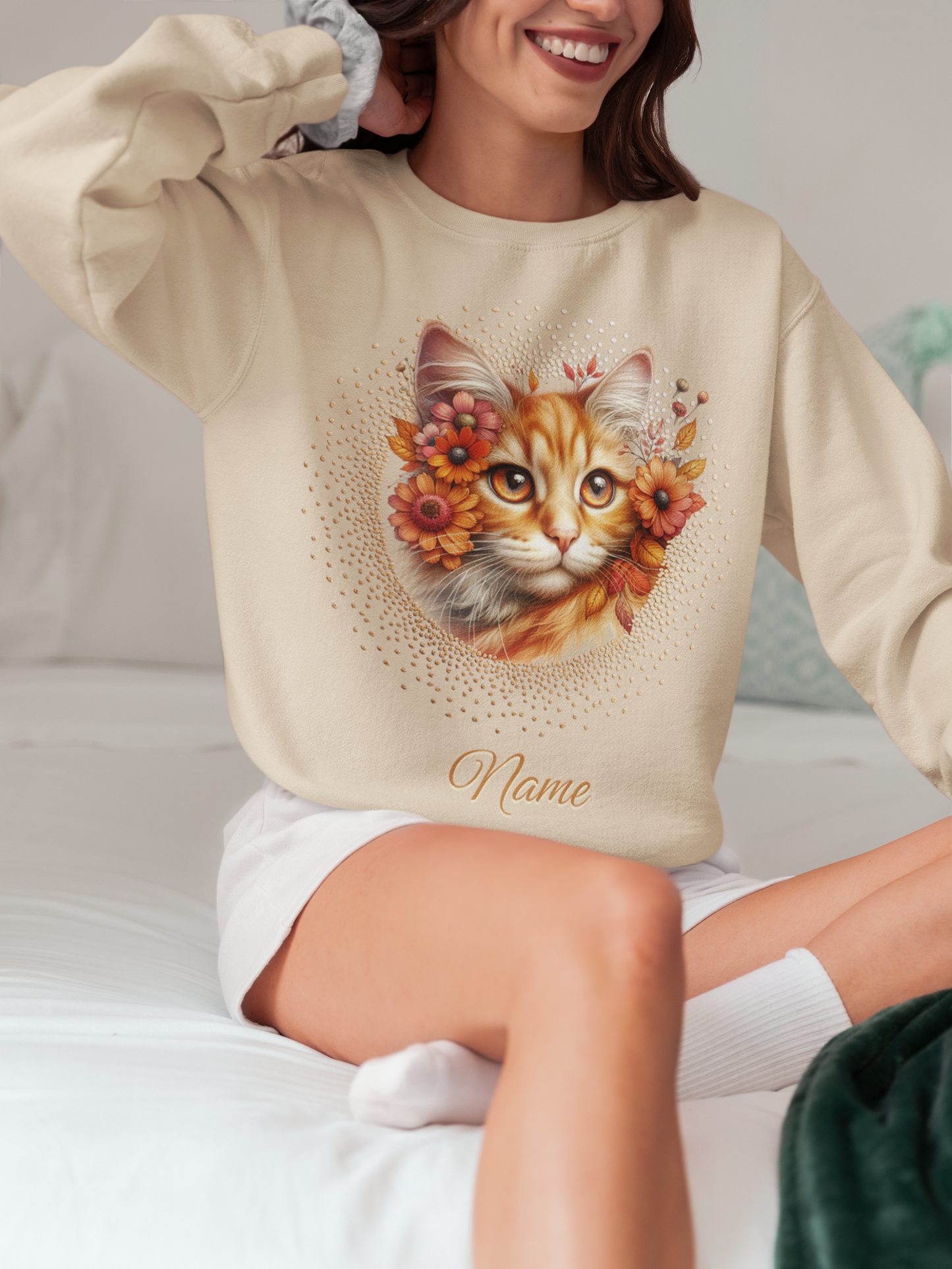 Personalized Ginger Tabby Kitten with Autumn Daisies Sweatshirt — Custom Name Gift