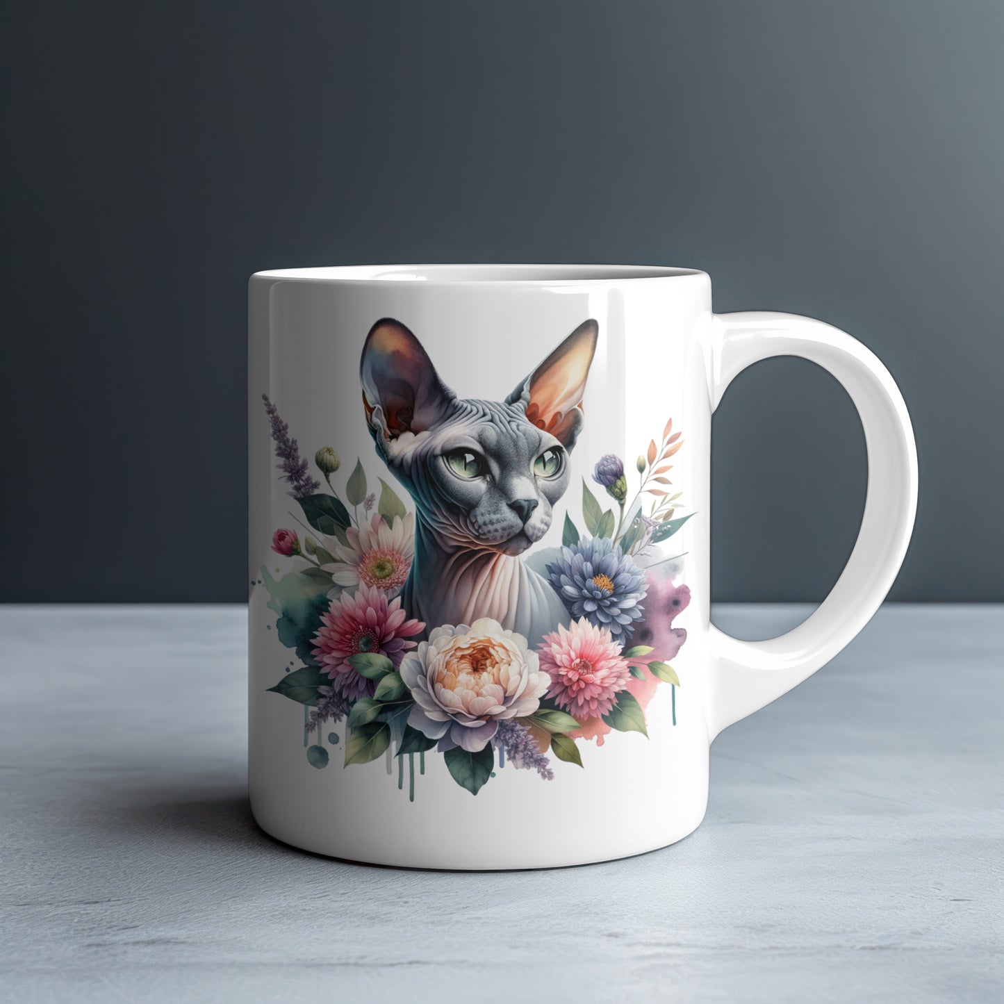 Personalized Sphynx Cat with Peach Peonies and Purple Dahlias Mug — Custom Name Gift