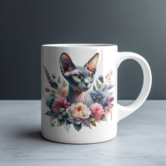 Personalized Sphynx Cat with Peach Peonies and Purple Dahlias Mug — Custom Name Gift