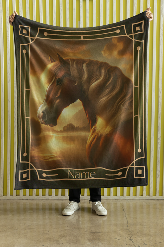 Personalized Sunset Chestnut Horse Throw Blanket - 50"x60" Custom Name Blanket