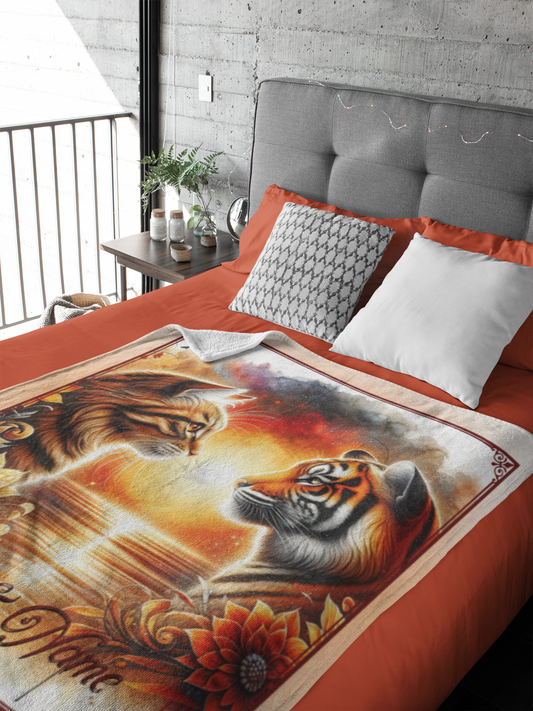 Personalized Tabby Cat & Tiger Sunset Couple Throw Blanket — Custom Name Gift