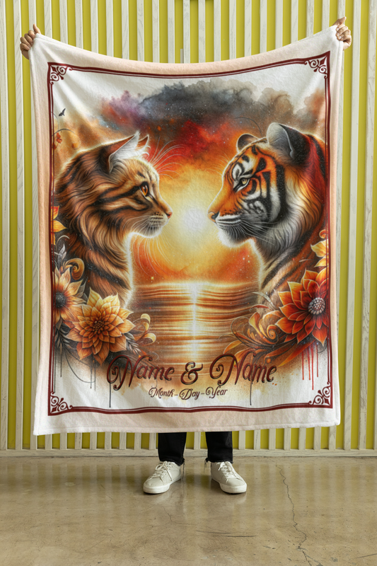 Personalized Tabby Cat & Tiger Sunset Couple Throw Blanket — Custom Name Gift