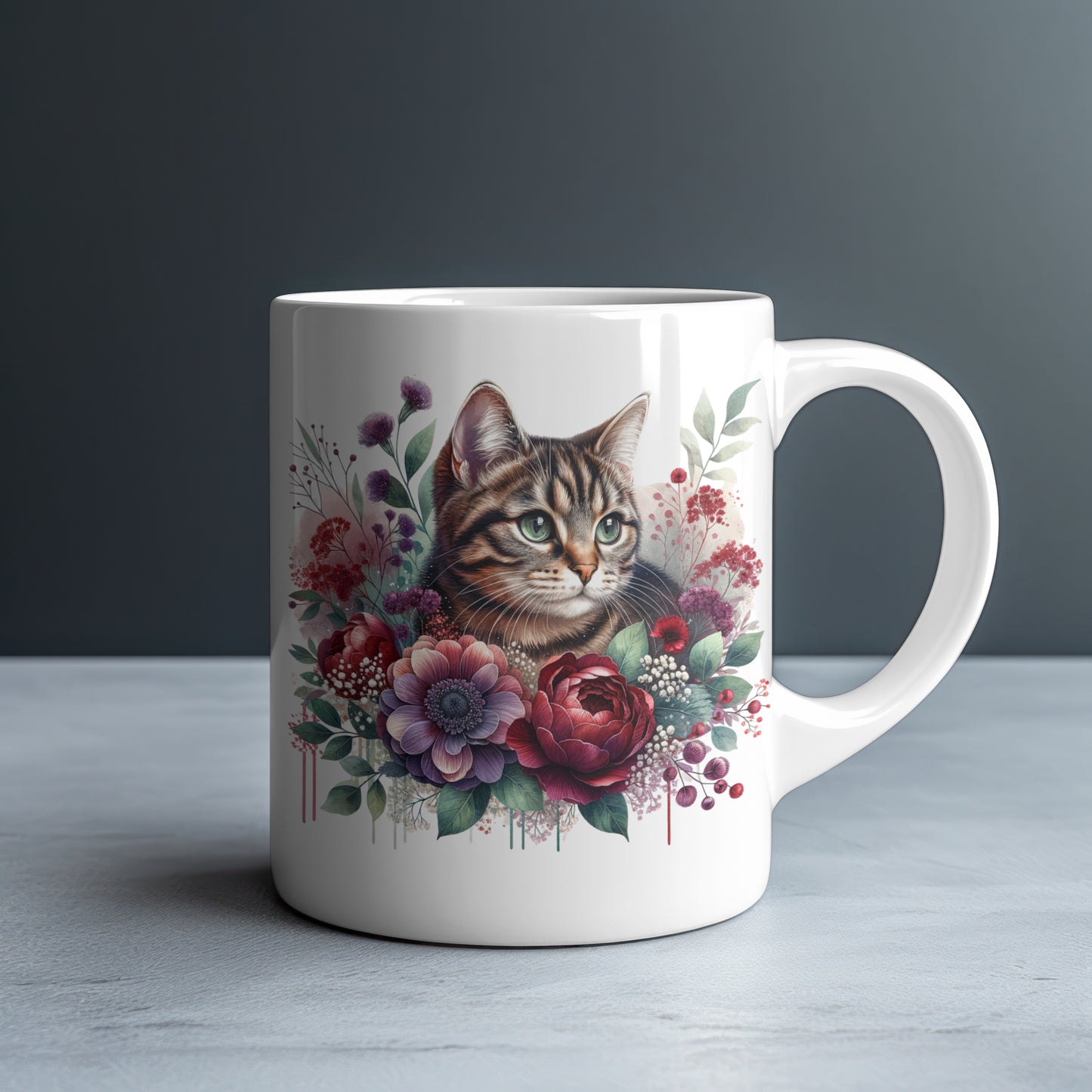 Personalized Tabby Cat with Burgundy Peonies and Purple Anemones Mug — Custom Name Gift