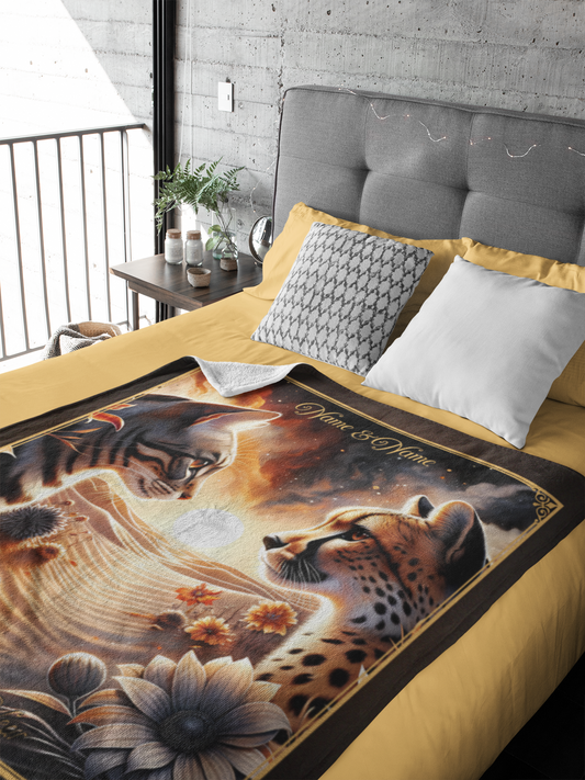 Personalized Tabby Cat & Cheetah Couple Throw Blanket — Custom Name Gift