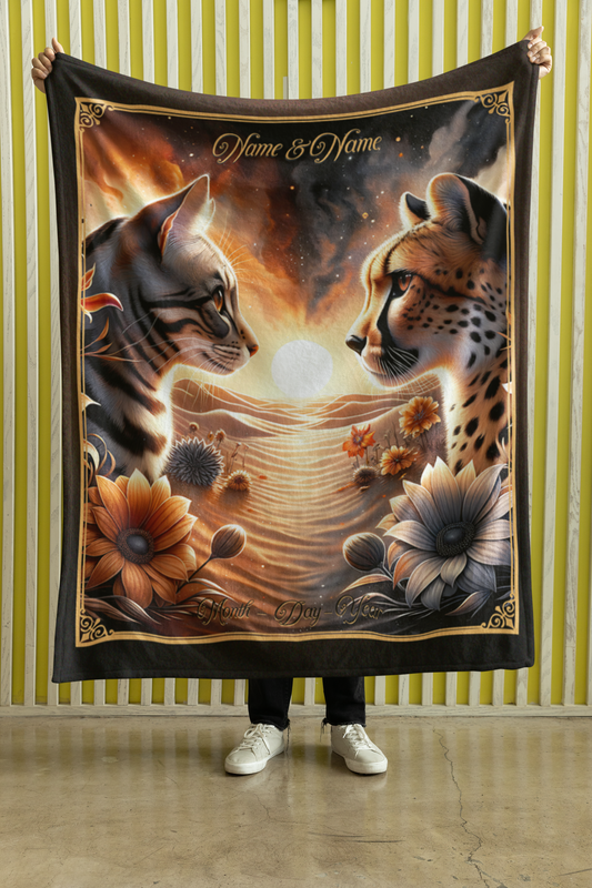 Personalized Tabby Cat & Cheetah Couple Throw Blanket — Custom Name Gift