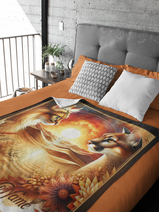 Personalized Cat & Cougar Couple Throw Blanket — Custom Name Gift