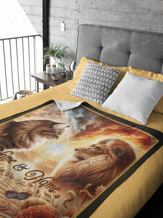 Personalized Cat & Lion Couple Throw Blanket — Custom Name Gift
