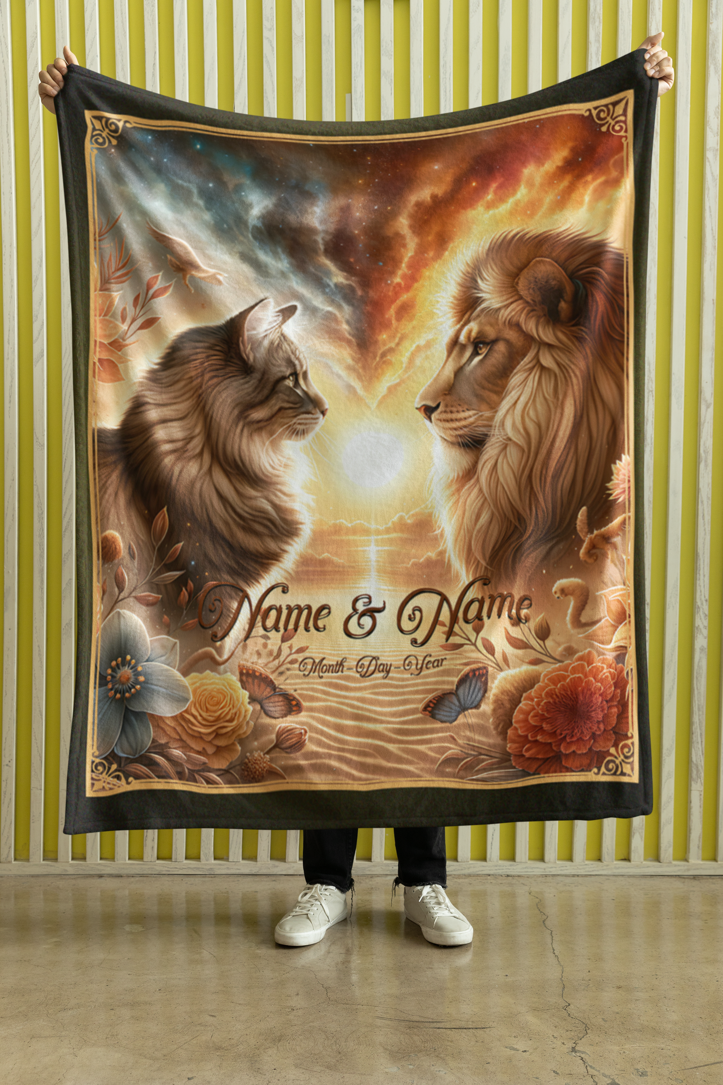 Personalized Cat & Lion Couple Throw Blanket — Custom Name Gift