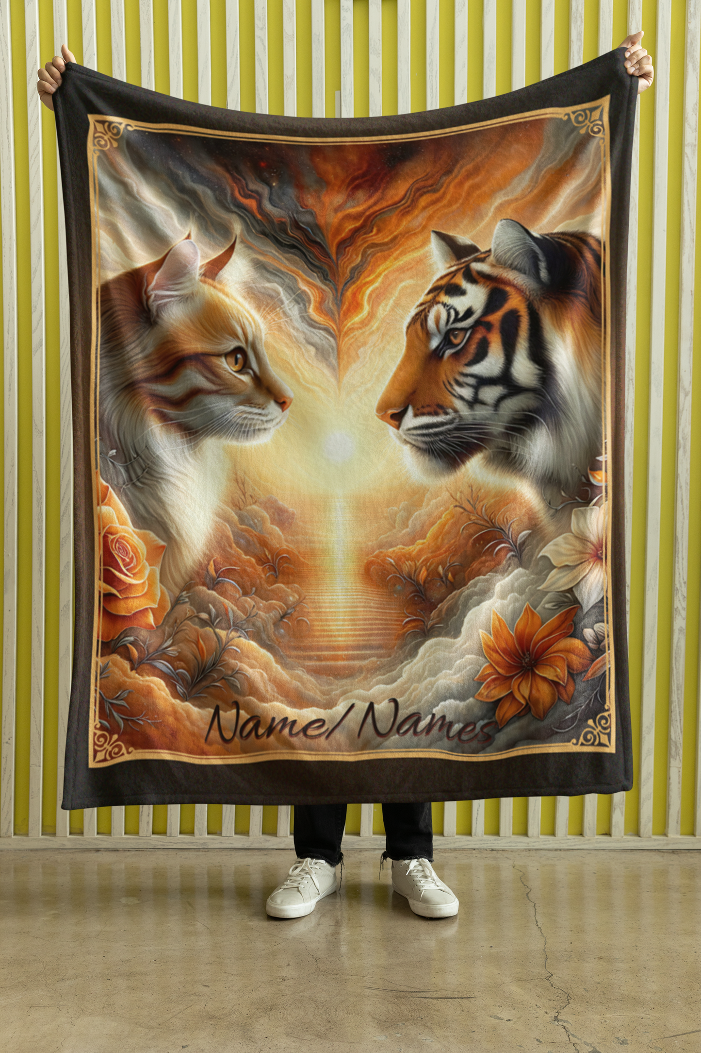 Personalized Tabby Cat & Tiger Couple Throw Blanket — Custom Name Gift
