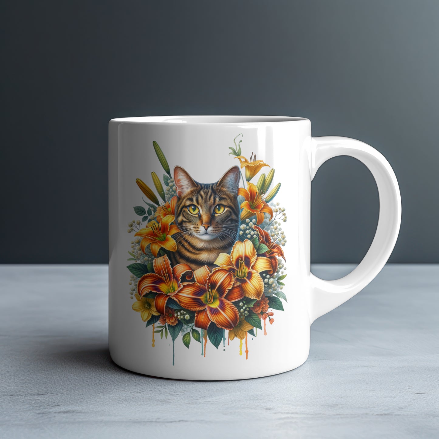 Personalized Tabby Cat with Orange Daylilies Mug — Custom Name Gift