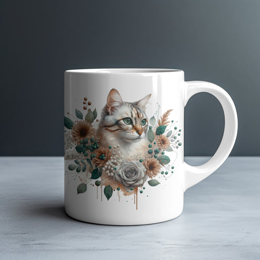 Personalized Tabby Cat with Tan Dahlias and Silver Rose Mug — Custom Name Gift