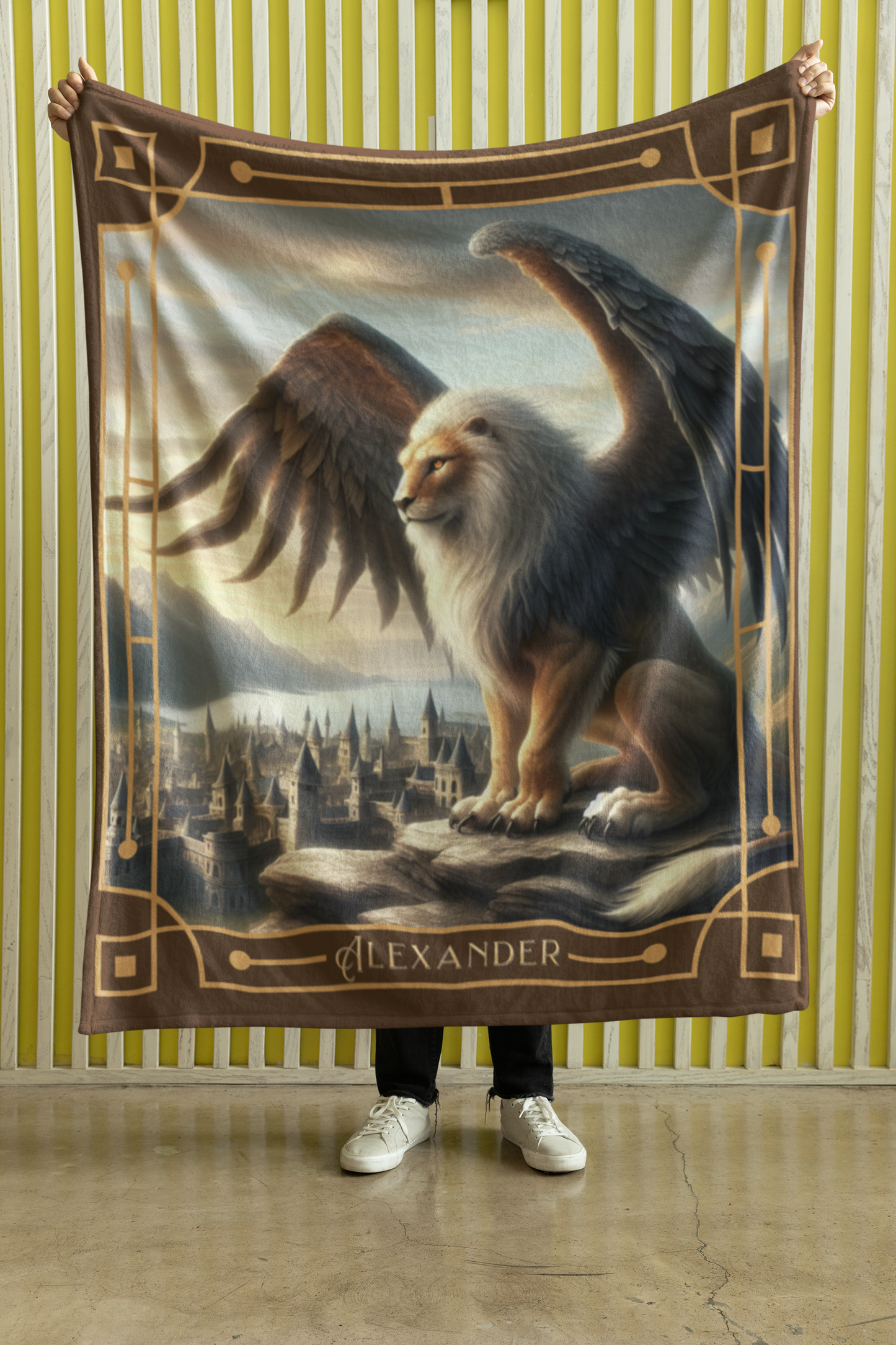 Personalized Guardian Winged Lion over Ancient Kingdom Throw Blanket — Custom Name Gift