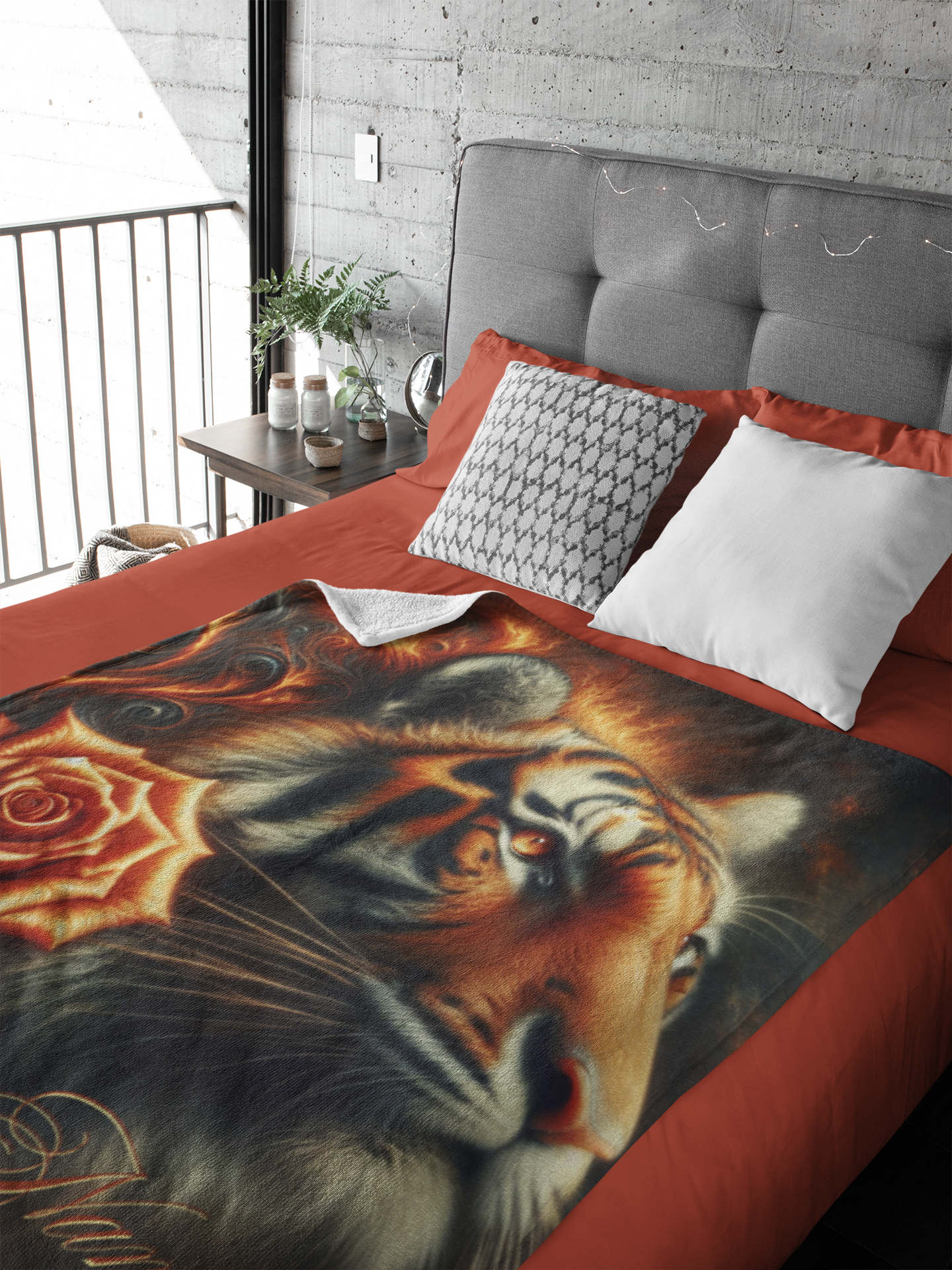 Personalized Bengal Tiger with Flame Rose Throw Blanket — Custom Name Gift