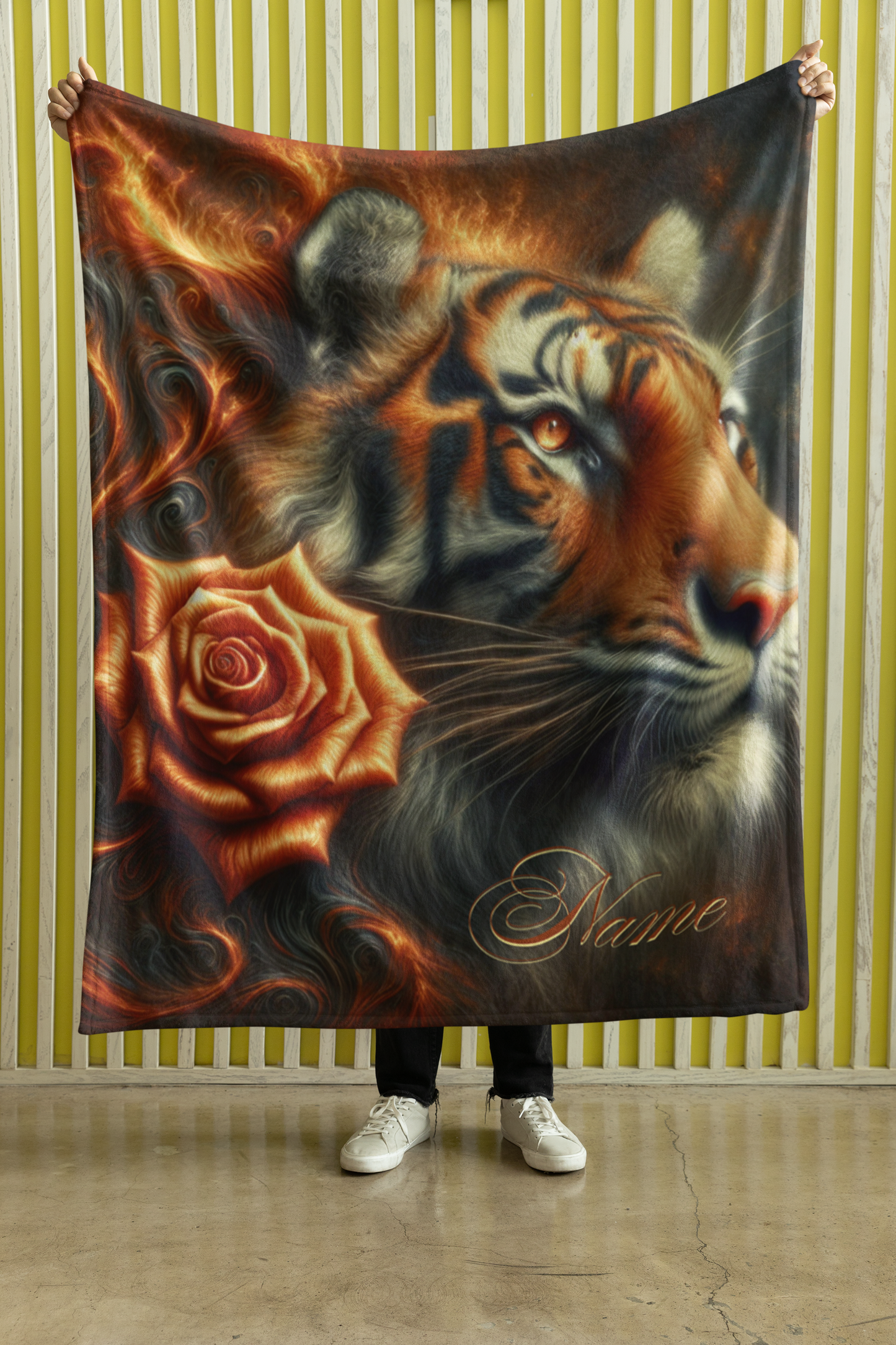 Personalized Bengal Tiger with Flame Rose Throw Blanket — Custom Name Gift