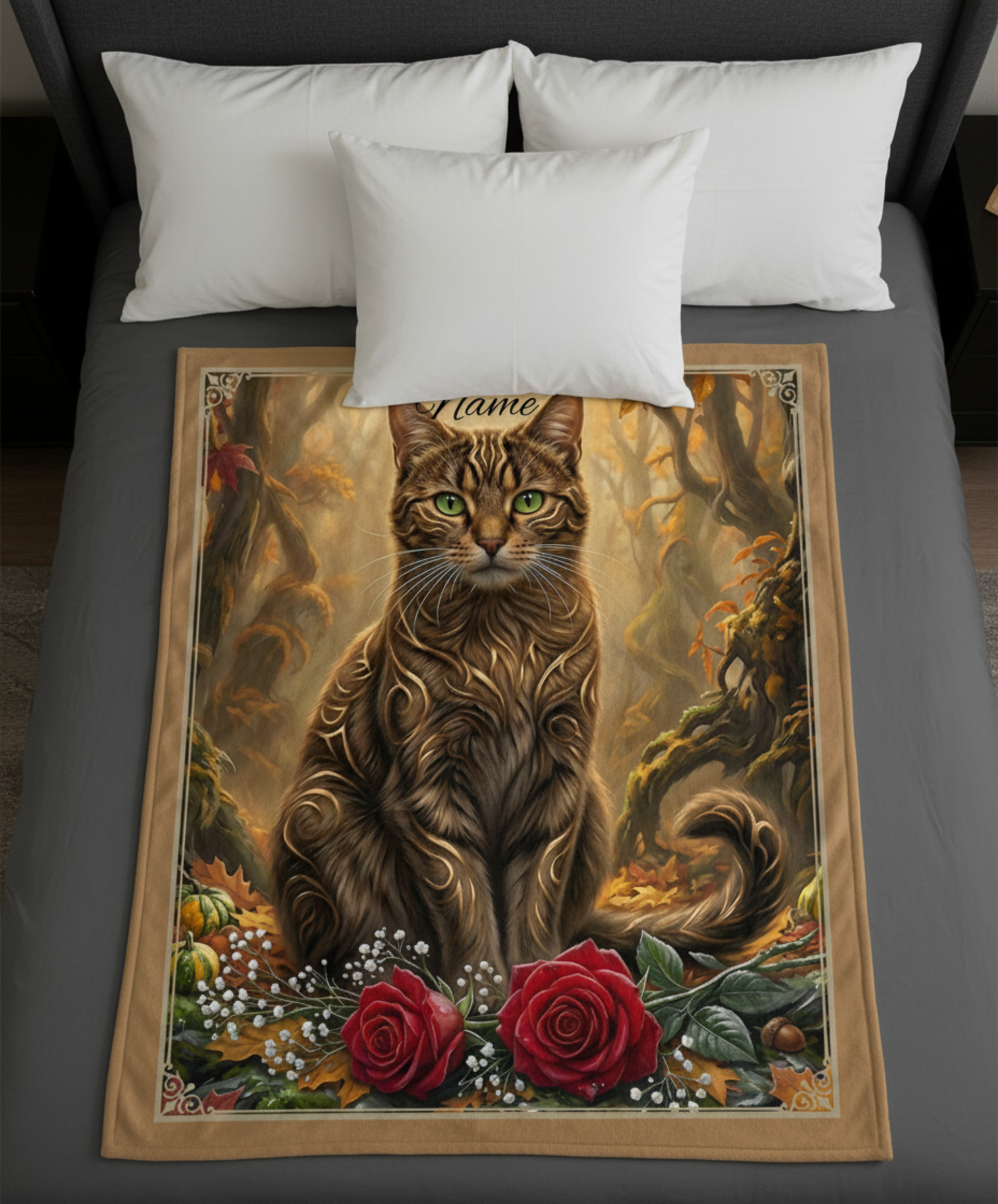 Personalized Fantasy Tabby Cat with Gold Markings in Autumn Forest Throw Blanket — Custom Name Gift