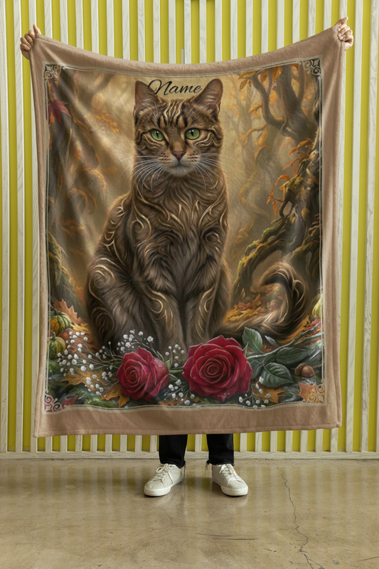 Personalized Fantasy Tabby Cat with Gold Markings in Autumn Forest Throw Blanket — Custom Name Gift