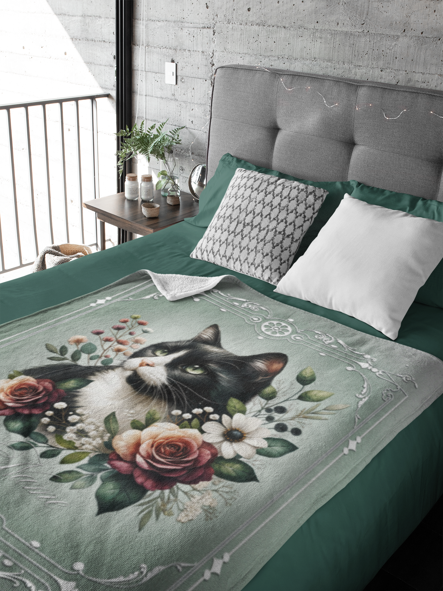 Personalized Tuxedo Cat with Mauve Roses and Daisies Throw Blanket — Custom Name Gift