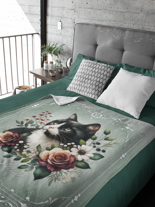 Personalized Tuxedo Cat with Mauve Roses and Daisies Throw Blanket — Custom Name Gift