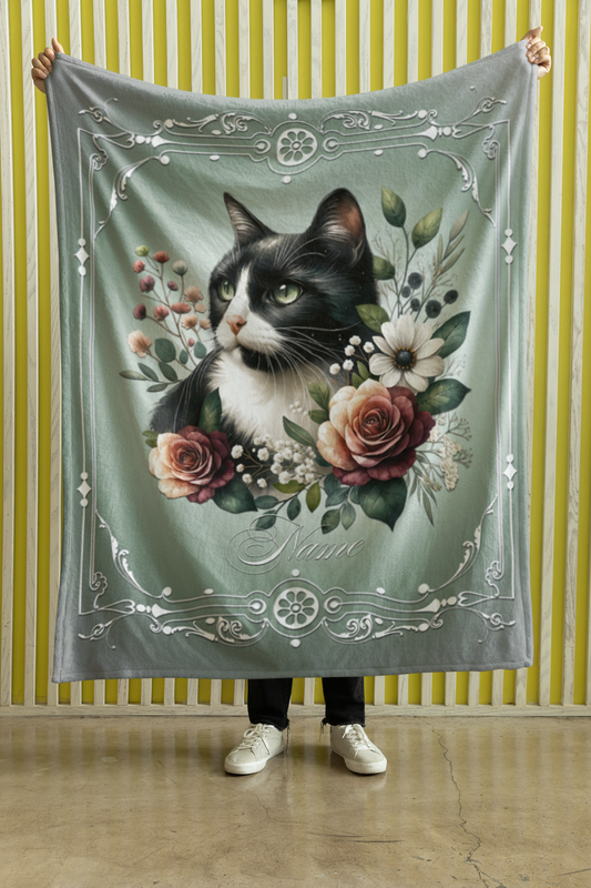 Personalized Tuxedo Cat with Mauve Roses and Daisies Throw Blanket — Custom Name Gift