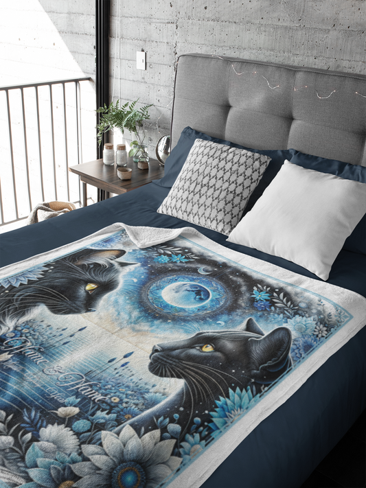 Personalized Black Cat Couple Throw Blanket — Custom Name Gift
