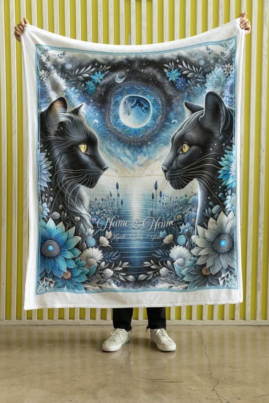 Personalized Black Cat Couple Throw Blanket — Custom Name Gift