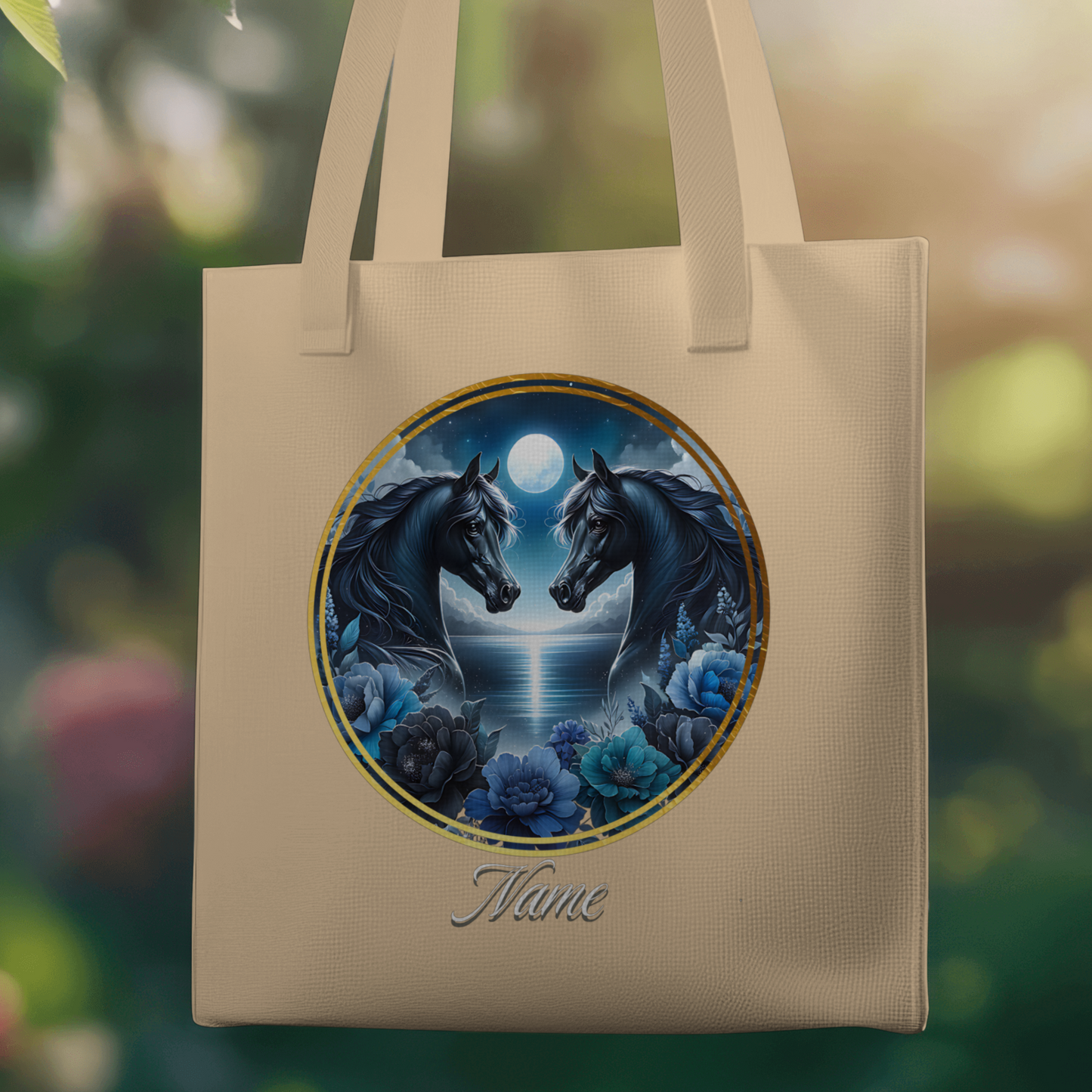 Personalized Two Black Horses Moonlight Sky Eco Tote Bag