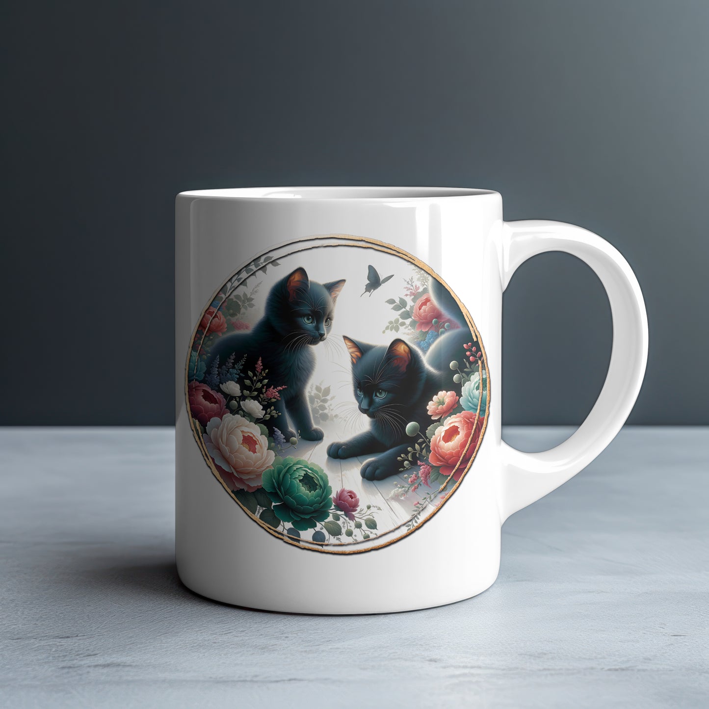 Personalized Two Black Kittens with Peonies and Roses Mug — Custom Name Gift