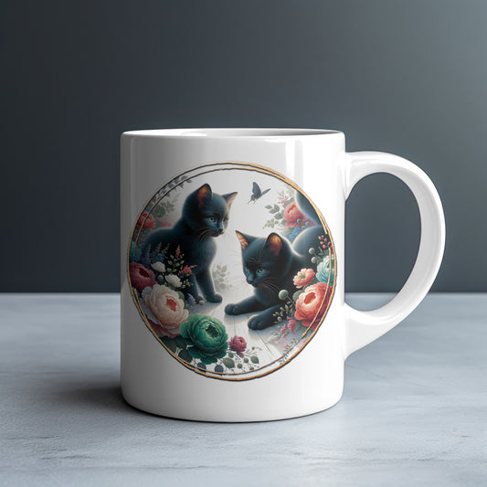 Personalized Two Black Kittens with Peonies and Roses Mug — Custom Name Gift