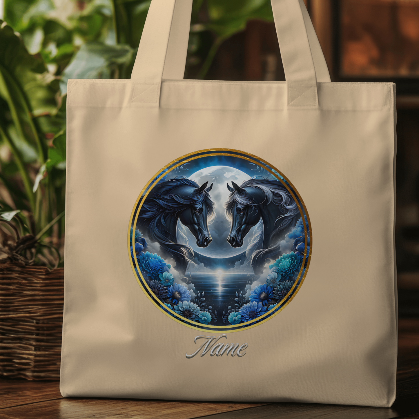 Personalized Two Black Horses Full Moon Eco Tote Bag