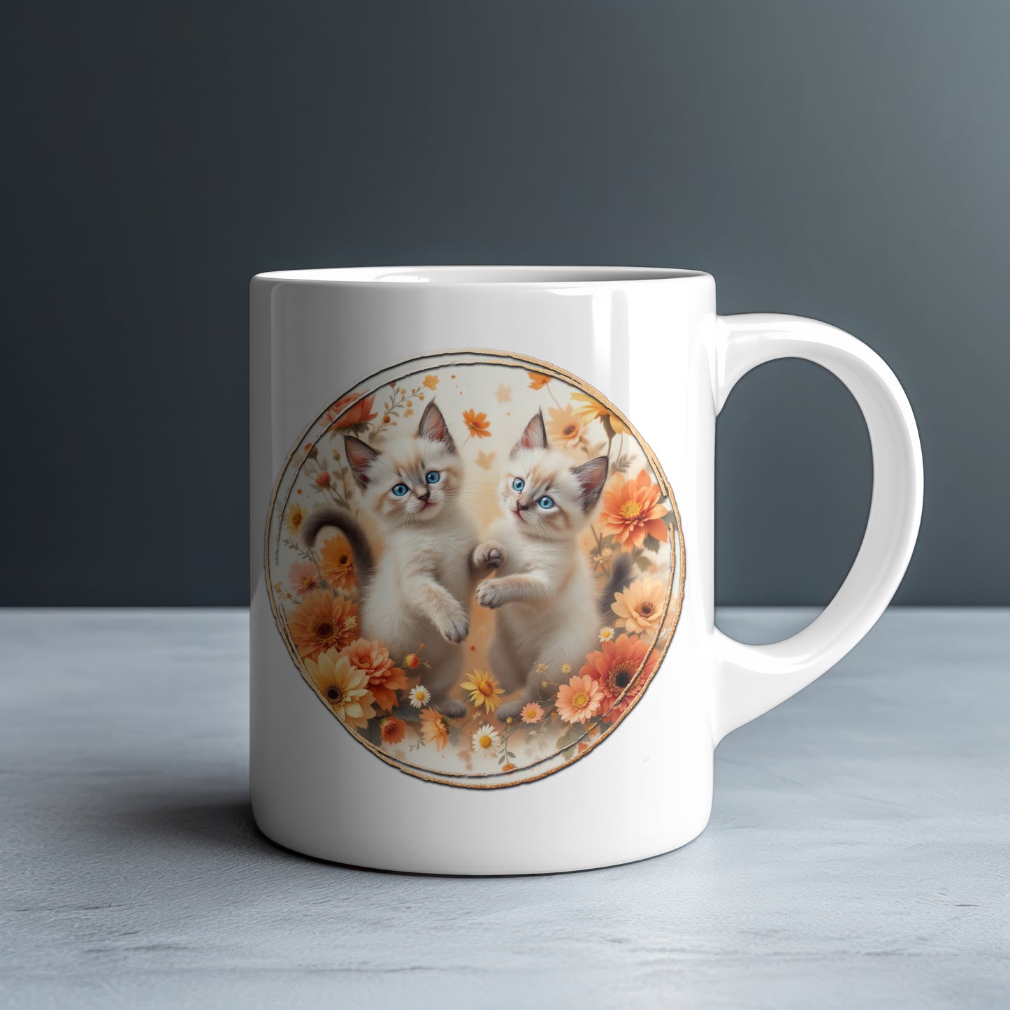 Personalized Two Blue-Eyed Ragdoll Kittens with Autumn Daisies Mug — Custom Name Gift